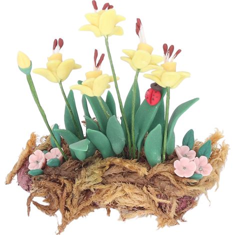 Mini plante en pot 1:12 - Fleurs jaunes réalistes et mignonnes pour mini maison de poupée, bonsaï miniature décoratif pour jouets d'enfants et cadeaux (1/5)