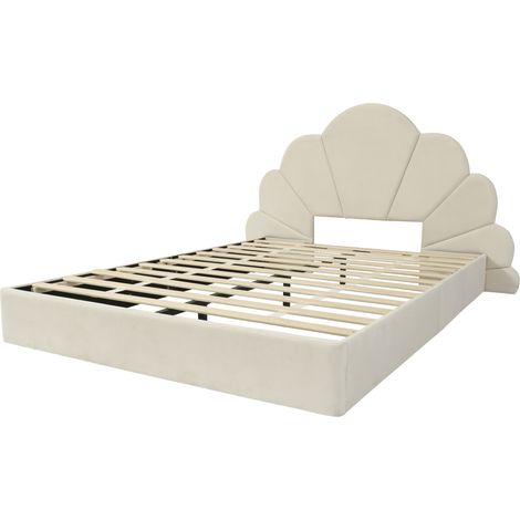 Cama matrimonial tapizada en terciopelo beige 140x200 cm con cabecero de pétalos curvos MODENUIT (1/5)