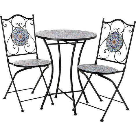 Conjunto mesa y 2 sillas de mosaico y forja naranja, mesa:D60x75h-sill