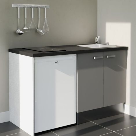 Kitchenette K17L-PT - 140 cm - plan stratifié, évier inox, - Façade Gris - Plan Noir texturé - Evier Inox - Crédences Non + Electroménager inclus coloris Blanc (1/5)