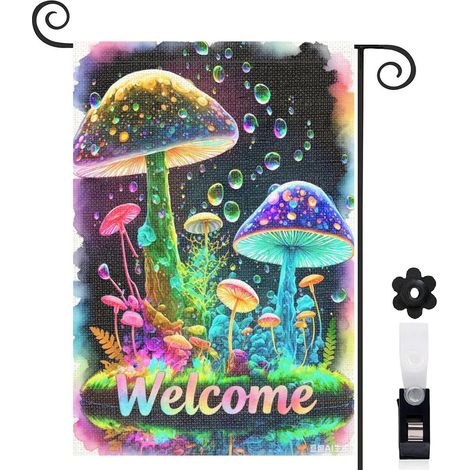 Drapeau de jardin bienvenue 30 x 45 cm motif champignons colorés féeriques toile double face décoration extérieure (1/5)