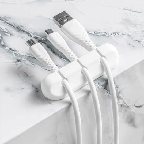 Organiseur de câbles de bureau avec clip - Lot de 5 - Support adhésif en silicone pour chargeur/souris/casque/téléphone - Blanc (1/5)