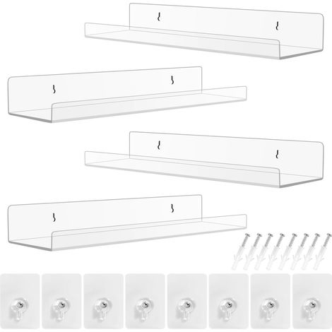 Etagere Murale sans Percage, Acrylique Transparent Petite Etagere Murale Flottantes sans Perçage pour Salle de Bain, Salon et Chambre à Coucher, étagère à épices, Bibliothèque, Décoration (4) (1/5)