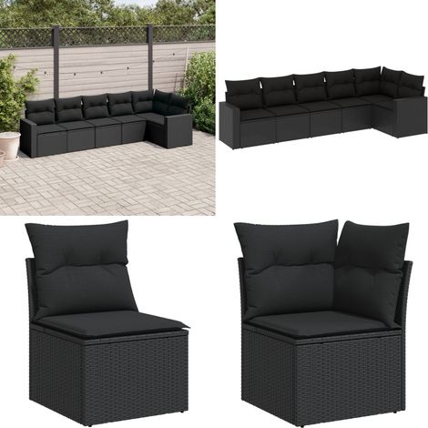 6-tlg. Garten-Sofagarnitur mit Kissen Schwarz Poly Rattan - Gartensofas - Outdoor Möbel - Gartenlounge - Rattan Sofa - PE-Rattan - Home & Living (1/5)
