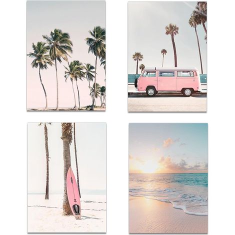4 pièces Cadres sans Cadre Décoration Maritime de Plage Affiches Nature Images Impression d'Art Tableaux Chambre à Coucher Toile Image Paysage Plage Coucher de Soleil Arbre de Noix de Coco Voiture (1/5)