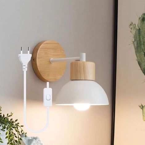 Applique Murale Industrielle Vintage Lampe Murale en Bois Métal Rétro E27 Luminaire Applique Interieur Avec Interrupteur Prise lampe de chevet nordique pour Chambre Salon Couloir Restaurant (Blanc) (1/5)