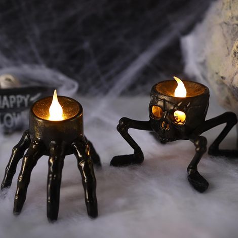 Lot de 2 bougies LED décoratives d'Halloween - Lampe à main squelette - Sans flamme - Bougies squelette à quatre pattes - Fonctionne avec piles - Éclairage de nuit pour l'intérieur - Décoration (1/5)