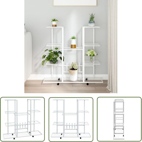 The Living Store Jardinière avec roues 94,5x24,5x91,5 cm Blanc Fer - Support Plante - Jardinerie - Étagère Plantes - Fleuriste - Décoration Intérieur (1/5)