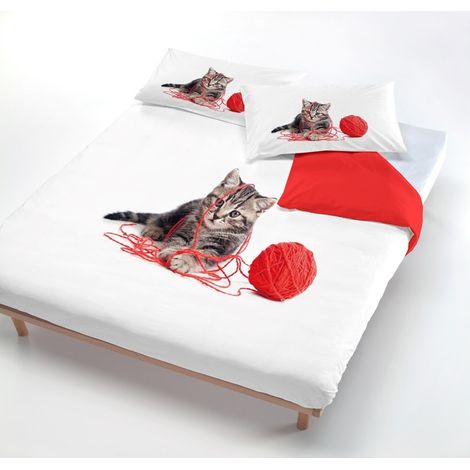 Copripiumino made in italy stampa digitale fantasia Gatto con gomitolo 100% cotone  1 Piazza e mezza - Bianco