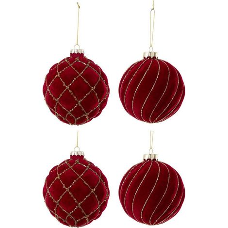 Lot de 4 Boules de Noël Velours "Caro" 10cm Rouge & Or (1/4)