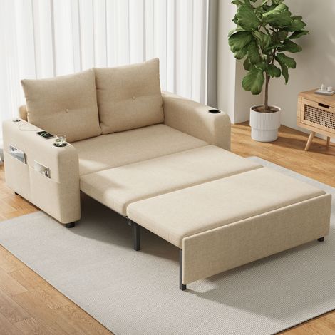 Canapé-lit 3-en-1 2 places 131x81x94 cm avec porte-gobelets, poches latérales, coussins et USB - coton/lin - Light Beige (1/4)