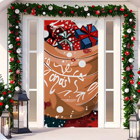 Rideau de porte de Noël 2026, bannière extérieure avec fond photo Père Noël et chien, tissu à suspendre - 90 x 180 cm (œillets + ruban) - 46