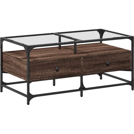 vidaXL Tavolino con Piano in Vetro Rovere Marrone 98,5x50x45cm Acciaio (1/5)