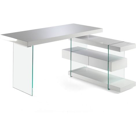 Bureau bois laqué tiroir lateral en verre trempé - Blanche (1/5)