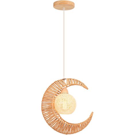 Suspension Rotin Lune - 1 Unité - Bois Et Métal - Ampoule E27 - Salon Chambre Café - 38cm (1/5)