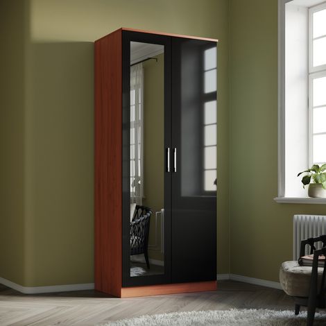 ELEGANT Wardrobe Storage 2 Doors High Gloss with Mirror Include Metal Handles and Removable Hanging Rod, Brown + Black