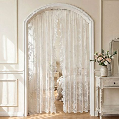 Rideaux réversibles - Lot de 2 - Conviennent pour les salons. les chambres et les balcons/fenêtres en baie - Voilages semi-occultants - Voilages français avec détails en dentelle. style champêtre - Bl (1/5)
