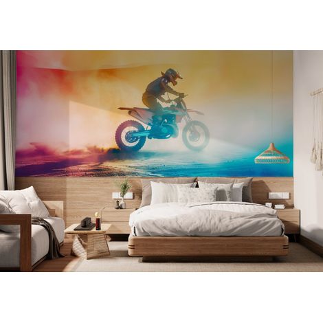 Papier peint Sport – motocross et fumées colorées - 150 x 250 cm (1/2)