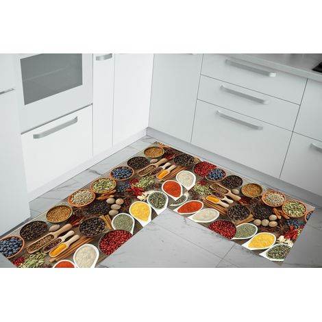 Set di 2 tappeti da cucina antiscivolo e lavabili in lavatrice passatoia multiuso Spezie Semini - 50x60+50x120