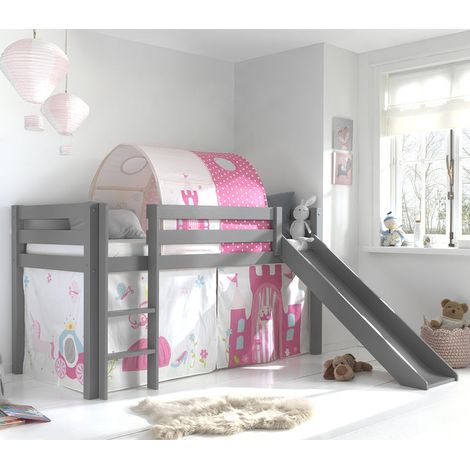 Cama de media altura 90x200 con Tobogán, Somier y Funda Princesa Vipack Pino Gris (1/4)