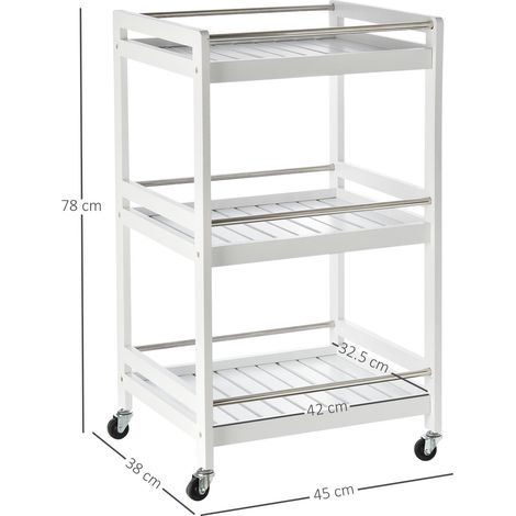 Chariot de cuisine en bois à 3 étagères et roulettes, 45 x 38 x 78 cm, blanc (1/5)