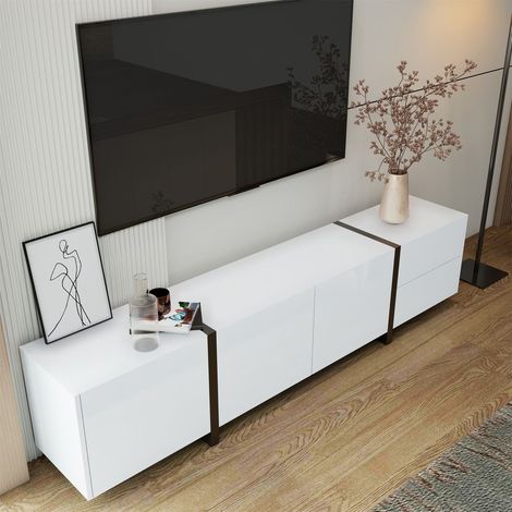 Meuble tv design contemporain avec rangement blanc laqué brillant et pieds noirs meuble tv avec rangement (1/5)