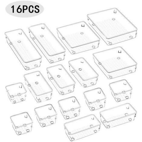 Organisateur Maquillage Lot de 16, Plateaux de Rangement Plastique Boîte Stockage, Organiseurs de Tiroir pour Cosmétiques, Bureau, Cuisine (Transparent) (1/4)