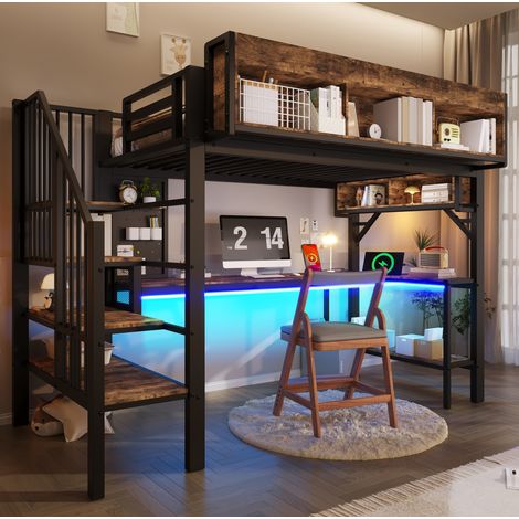Letto a soppalco 90x200 cm nero e marrone vintage in MDF e ferro con scrivania ad angolo, LED e contenitori (1/5)
