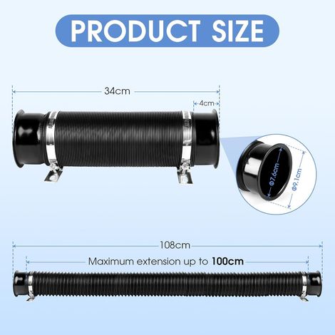 Tuyau d'admission d'air froid universel pour voiture 76 mm (3 pouces) Flexible d'admission d'air noir extensible, réglable jusqu'à 1 m Conduit d'admission flexible modifiable pour automobile (1/4)