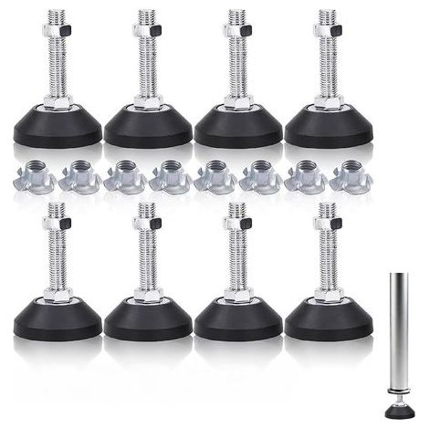 Lot de 8 pieds de meubles réglables avec base en caoutchouc – Pieds filetés M8 pour tables, chaises et meubles – Pieds de nivellement pour sols irréguliers, acier galvanisé (1/5)