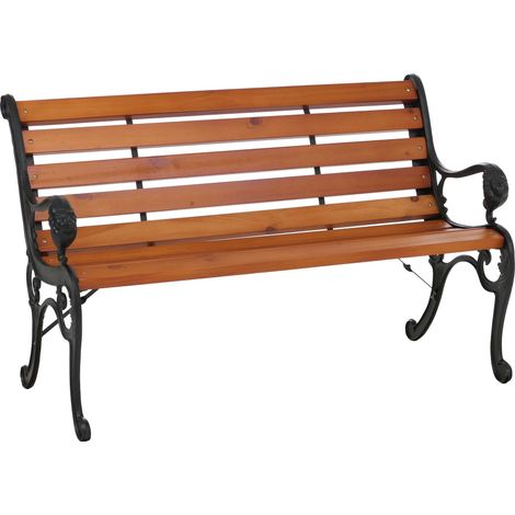 Banco de jardín HHG-444, banco de parque, banco de madera de dos plazas, hierro fundido y madera de pino, 132 cm, teca