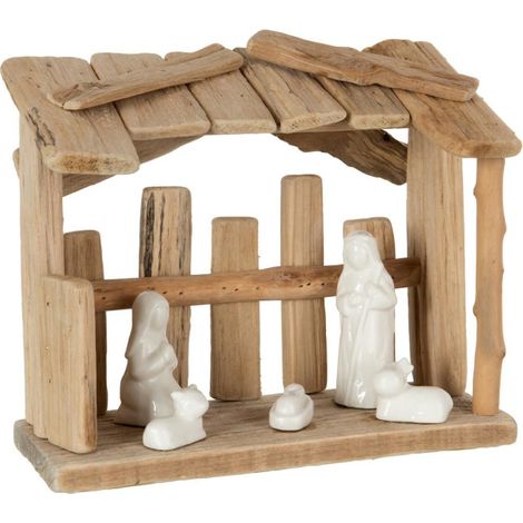 Crèche de Noël "Toit Plat" 25cm Naturel & Blanc