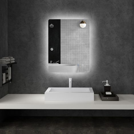 Miroir rectangulaire mural lumineux LED de salle de bain 80 x 60 centimètres luminosité réglable blanc transparent