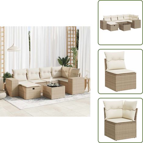 7-tlg. Garten-Sofagarnitur mit Kissen Beige Poly Rattan - Gartensofa Set - Garten Sofa Set - Outdoor Sofa Set - Garten Sofagarnitur (1/5)