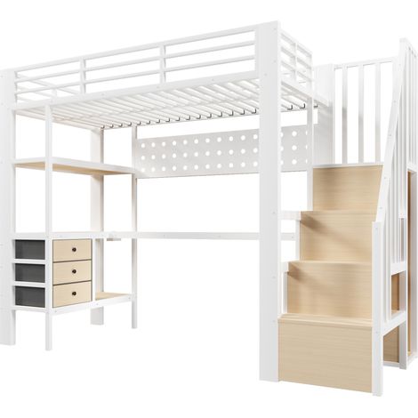 Hochbett 90 x 200 cm aus Metall und MDF mit Schreibtisch, Stauraum, LED und Steckdose, Weiß (1/5)