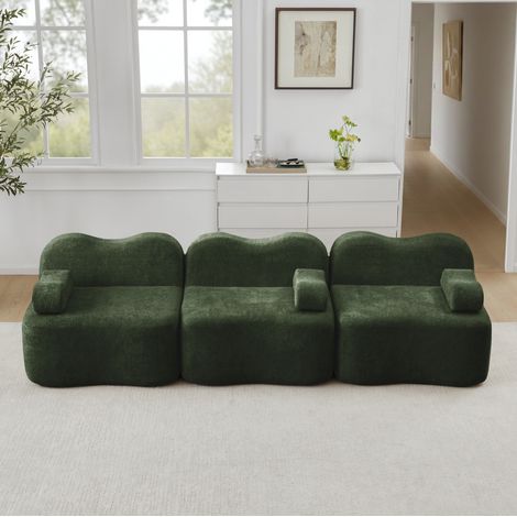 Divano modulare 3 posti in velluto verde con seduta profonda e pouf collegabile (1/5)