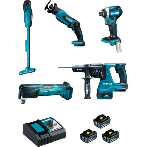 Makita – Pack de 5 outils électroportatifs 18V avec 3 batteries 5.0Ah – Visseuse 175Nm, Perfo-burineur 24mm, Scie récipro – DLX5045TJ