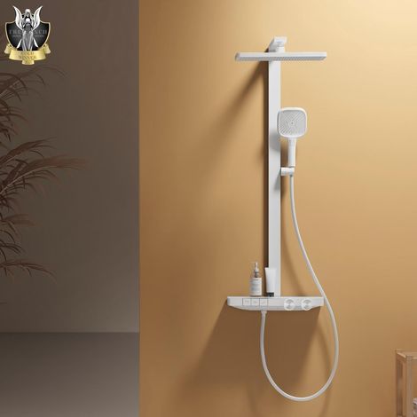 EMKE Sistema doccia con termostato, bianco opaco, flusso regolabile, doccia a pioggia, set doccia con doccia a pioggia da 36 x 24 cm, set doccia con quantità di acqua regolabile, doccetta a 4 getti (1/5)