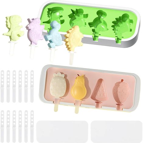 Eisformen Silikon 2 Stück mit Deckel – Eis am Stiel Formen für Kinder & Erwachsene, BPA-frei, Wiederverwendbar, Kreative Dinosaurier & Obst Design, Inklusive Stiele, Perfekt für DIY Eiscreme