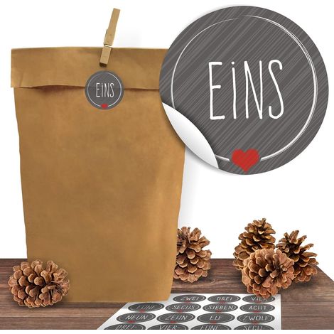 Sac Cadeau En Papier Kraft - 17 x 9 cm - Fermoir Autocollant Noël - Pour Calendrier De L'Avent Fait Maison - Lot De 24 (1/5)