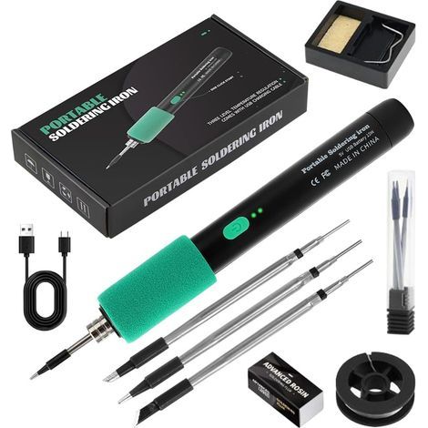 Kit de fer à souder sans fil avec batterie USB avec 3 températures réglables 260 ℃ à 450 ℃, 3 pannes à souder, support de fer à souder, fil à souder, pâte à souder, kit de soudure pour réparation (1/5)