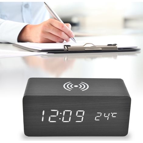 Réveil Digital à Recharge Sans Fil avec Détection Automatique de Température (PVC, Noix, 16.1 x 7 x 6.9cm, Noir) (1/5)