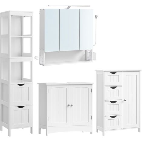 VASAGLE Armoire Murale avec Éclairage, Meuble sous Lavabo, Meuble de Salle de Bain, Colonne de Rangement, Ensemble de 4, Étagère Réglable, Beaucoup de Rangement, pour Salle de Bain, Salon, Blanc (1/5)