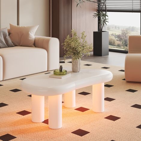 Table basse en MDF blanc 98 cm forme nuage avec LED 16 couleurs et tiroir (1/5)