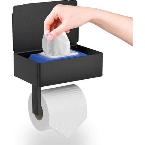 Porte-papier toilette, porte-papier toilette mural, aucun perçage requis, avec étagère et boîte à lingettes, porte-papier toilette autocollant noir, adapté à la salle de bain et à la cuisine (1/5)