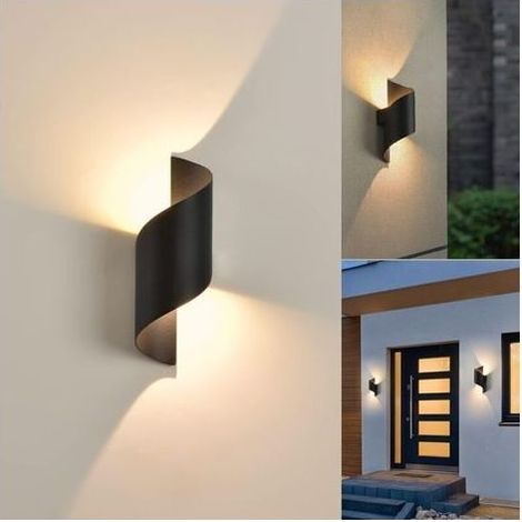 Applique extérieure Applique murale intérieure/extérieure, lampe blanc chaud 10W, lumière haut-bas, éclairage étanche IP65, spirale métallique pour barre, noire (1/4)