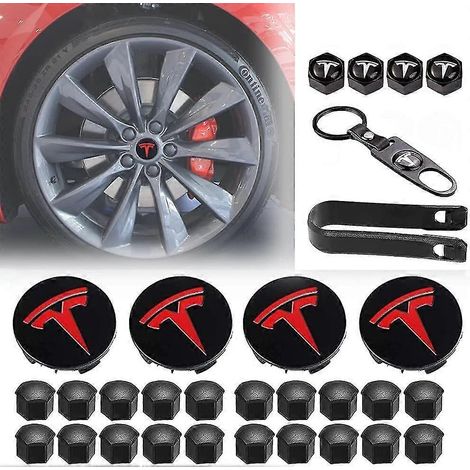 Kit d'enjoliveurs Aero, cache-écrous de roue pour Tesla Model 3 avec logo Tesla, compatible avec Tesla Model 3 et Model Y (noir et rouge), 30 pièces (1/5)