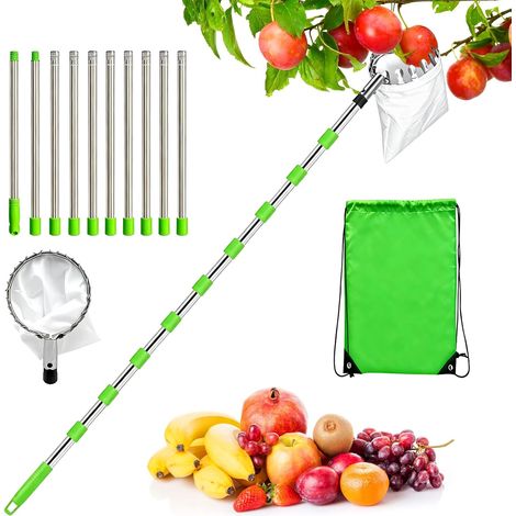 Cueilleuse à fruits avec manche télescopique - En acier inoxydable - Avec sac en coton - Diamètre : 16 cm - Pour cerises - Pour poires, agrumes, orange (1/5)