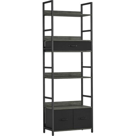 Industrial Style Bookcase, with 4 Shelves and 3 Fabric Drawers - Grey/Black
