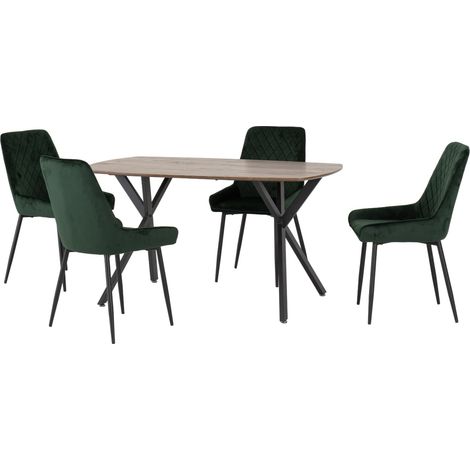 Athens Rectangular Dining Set with Avery Chairs - Medium Oak Effect/Black/Emerald Green Velvet (1/4)